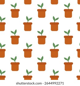 Seamless pattern with potted plant sprout. Garden background. Vector flat illustration.	