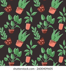 Seamless Pattern of Potted Plants in Artistic Hand-Drawn Style. A seamless repeating pattern featuring hand-drawn potted houseplants against a dark backdrop. Ideal for botanical-themed designs