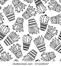 Seamless pattern with potted plants cactuses and succulents in doodle style isolated. Perfect for fabric,textile,wallpaper,wrapping paper. Vector outline illustration home plants in pots.