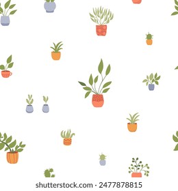 Seamless pattern with potted plants. Design for wrapping paper,  fabric and textile. Vector illustration cozy home.