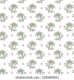 Seamless pattern with potted plants and flowers. Vector illustration with house plants. On a white background.
