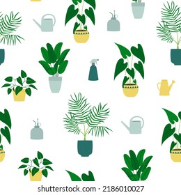 Seamless pattern of potted plants and gardening tools. Cartoon colorful plants on white background. Vector illustration