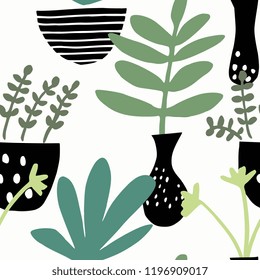 Seamless pattern with potted plants in green and black on white background.