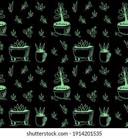 Patrón sin foco de plantas macetas para decoración y ramas de casa. El contorno estilizado del vector verde sobre negro.