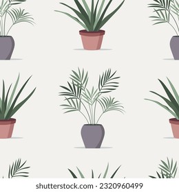 Seamless pattern with potted plants on a white background. Vector illustration