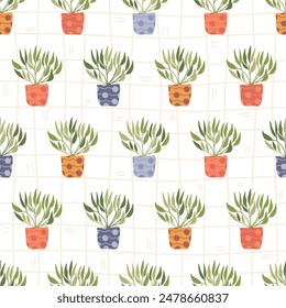 Seamless pattern with potted plants on grid background. Design for wrapping paper,  fabric and textile. Vector illustration cozy home.