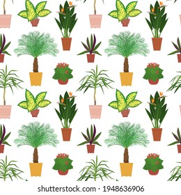Seamless pattern with potted tropical house plants in colorful flower pots. On a white background. Vector illustration. - Shutterstock ID 1948636906
