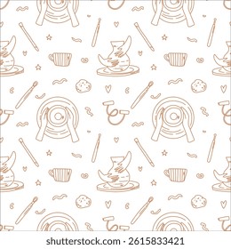 seamless pattern with pottery elements and tools . ceramic dishes. vector hand drawn illustration