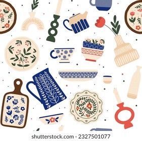 Seamless pattern with pottery. Repeating design element for printing on fabric. Teapot and plates with abstract patterns and ornaments. Vase and candlestick. Cartoon flat vector illustration