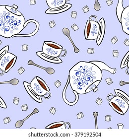 Seamless pattern pottery teapot and cup hand drawing
