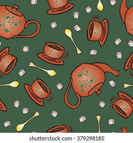 Seamless pattern pottery teapot and cup hand drawing