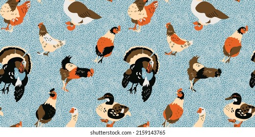patrón ininterrumpido con aves de corral, pollo, pavo, ganso, pato. diseño vectorial para papel, tela y otras superficies