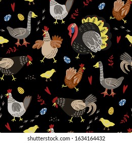 Seamless pattern with poultry such as chicken, turkey and goose. Cartoon kids print.