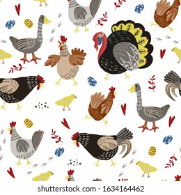 Seamless pattern with poultry such as chicken, turkey and goose. Cartoon kids print.