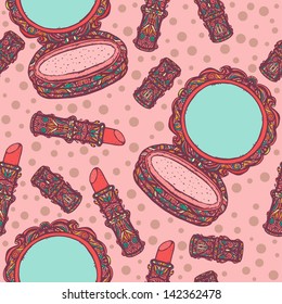 Seamless pattern with powder and lipstick - vector