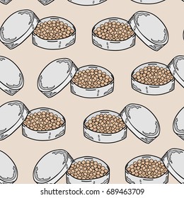 Seamless pattern of powder for make-up on a beige background. Hand drawing. Vector illustration in cartoon style.