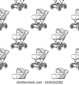 Seamless pattern. Pram,
baby carriage on a white background. Vector illustration in sketch style.