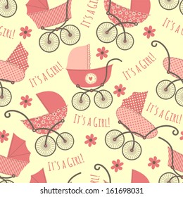 Seamless pattern with prams. It's a girl!