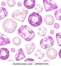 Seamless pattern with precious stones, diamonds, brilliant, pink color, hand drawn elements, vector illustration