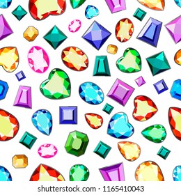 Seamless pattern of precious stones. Postcard with precious stones. Multicolored diamonds. Seamless background of multi-colored stones.