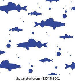 Seamless pattern with predatory fishes.  Blue fish silhouette and bubbles of water on white background. Vector illustration 