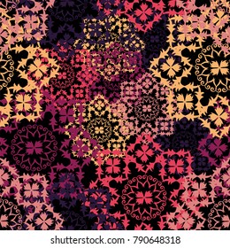 A seamless pattern with predominant lilac shades from delicate colored napkins located arbitrarily on a black background. Vector Illustration