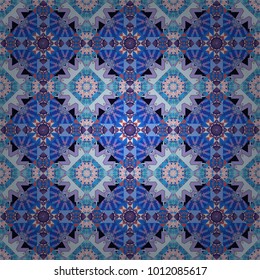 Seamless pattern with the pre-existing geometry in the drawing. Tribal ethnic arabic, indian, turkish patern ornament. Vector traditional oriental background in neutral, violet and blue colors.