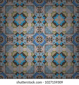 Seamless pattern with the pre-existing geometry in the drawing. Tribal ethnic arabic, indian, turkish patern ornament. Vector traditional oriental background in gray, blue and beige colors.