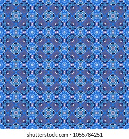 Seamless pattern with the pre-existing geometry in the drawing. Tribal ethnic arabic, indian, turkish patern ornament. Vector traditional oriental background in blue, neutral and violet colors.