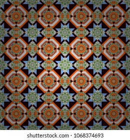 Seamless pattern with the pre-existing geometry in the drawing. Tribal ethnic arabic, indian, turkish patern ornament. Vector traditional oriental background in green, black and orange colors.