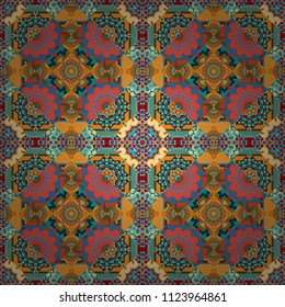 Seamless pattern with the pre-existing geometry in the drawing. Tribal ethnic arabic, indian, turkish patern ornament. Vector traditional oriental background in blue, orange and pink colors.