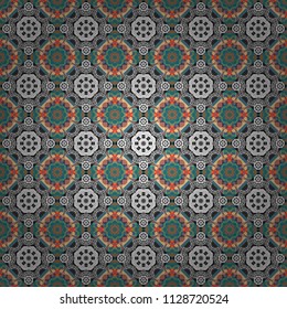 Seamless pattern with the pre-existing geometry in the drawing. Tribal ethnic arabic, indian, turkish patern ornament. Vector traditional oriental background in gray, white and blue colors.