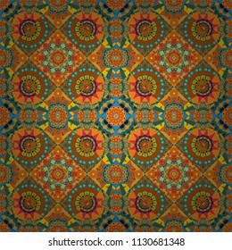 Seamless pattern with the pre-existing geometry in the drawing. Tribal ethnic arabic, indian, turkish patern ornament. Vector traditional oriental background in orange, blue and yellow colors.