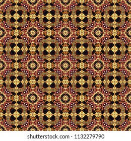 Seamless pattern with the pre-existing geometry in the drawing. Tribal ethnic arabic, indian, turkish patern ornament. Vector traditional oriental background in yellow, brown and black colors.