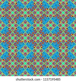Seamless pattern with the pre-existing geometry in the drawing. Tribal ethnic arabic, indian, turkish patern ornament. Vector traditional oriental background in green, blue and red colors.