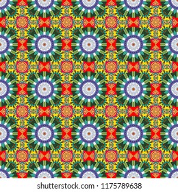 Seamless pattern with the pre-existing geometry in the drawing. Tribal ethnic arabic, indian, turkish patern ornament. Vector traditional oriental background in green, beige and blue colors.