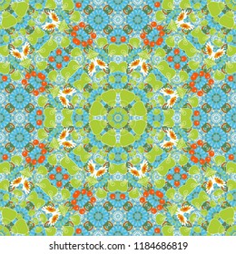Seamless pattern with the pre-existing geometry in the drawing. Tribal ethnic arabic, indian, turkish patern ornament. Vector traditional oriental background in green, blue and orange colors.