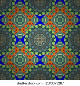 Seamless pattern with the pre-existing geometry in the drawing. Tribal ethnic arabic, indian, turkish patern ornament. Vector traditional oriental background in blue, green and orange colors.