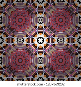 Seamless pattern with the pre-existing geometry in the drawing. Tribal ethnic arabic, indian, turkish patern ornament. Vector traditional oriental background in purple, gray and brown colors.