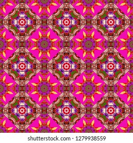 Seamless pattern with the pre-existing geometry in the drawing. Vector traditional oriental background in magenta, red and pink colors. Tribal ethnic arabic, indian, turkish patern ornament.
