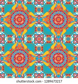 Seamless pattern with the pre-existing geometry in the drawing. Vector traditional oriental background in orange, yellow and blue colors. Tribal ethnic arabic, indian, turkish patern ornament.