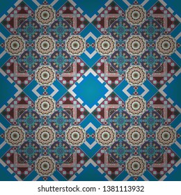 Seamless pattern with the pre-existing geometry in the drawing. Vector traditional oriental background in pink, blue and brown colors. Tribal ethnic arabic, indian, turkish patern ornament.