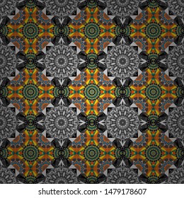 Seamless pattern with the pre-existing geometry in the drawing. Tribal ethnic arabic, indian, turkish patern ornament. Vector traditional oriental background in blue, orange and gray colors.