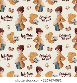 Seamless pattern with pregnant woman, baby clothes, ultrasound baby picture. Motherhood, Parenthood, Pregnancy concept. Vector Illustration.