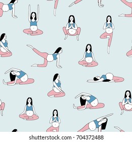 Seamless pattern with pregnant woman doing yoga exercises and meditating against  blue background. Concept of spiritual practice and gymnastic activity during pregnancy. Doodle vector illustration.