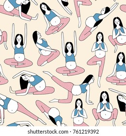 Seamless pattern with pregnant woman performing yoga and meditating against light background. Backdrop with cute female cartoon character doing gymnastic exercises. Doodle vector illustration.