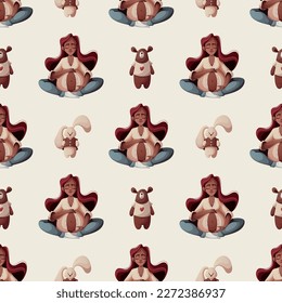 Seamless pattern with pregnant woman, plush bunny and teddy bear. Motherhood, Parenthood, Pregnancy concept. Vector Illustration.