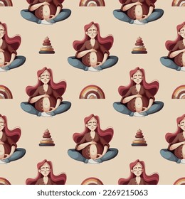 Seamless pattern with pregnant woman and wooden baby toys. Motherhood, Parenthood, Pregnancy concept. Vector Illustration.