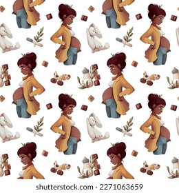 Seamless pattern with pregnant woman, wooden push toys, plush bunny and baby bottle. Motherhood, Parenthood, Pregnancy concept. Vector Illustration.