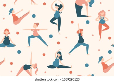 Seamless pattern with pregnant woman in yoga pose. Vector illustration of female person. Healthy pregnant stretching.